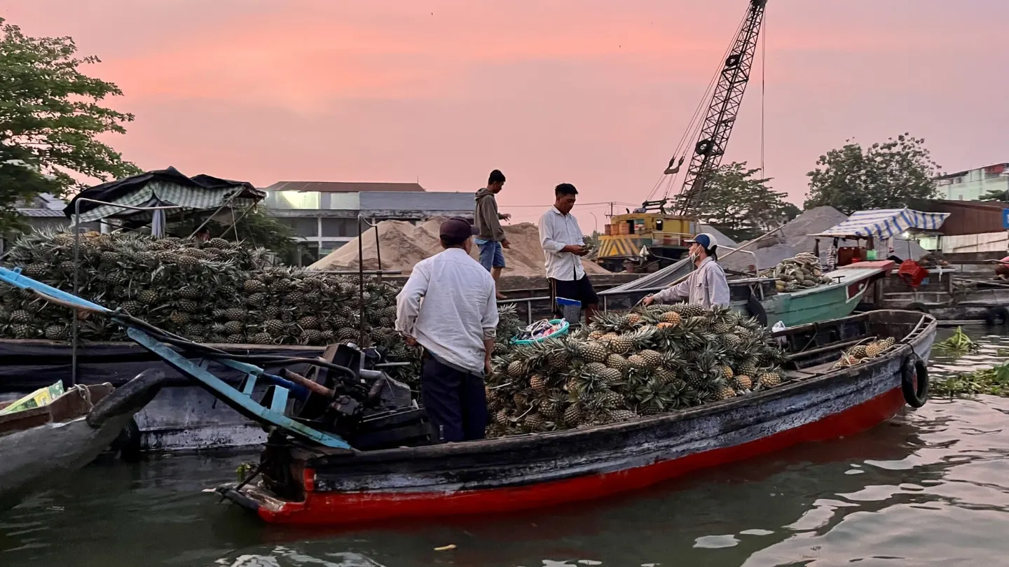 Plovoucí trhy, delta Mekongu, jižní Vietnam